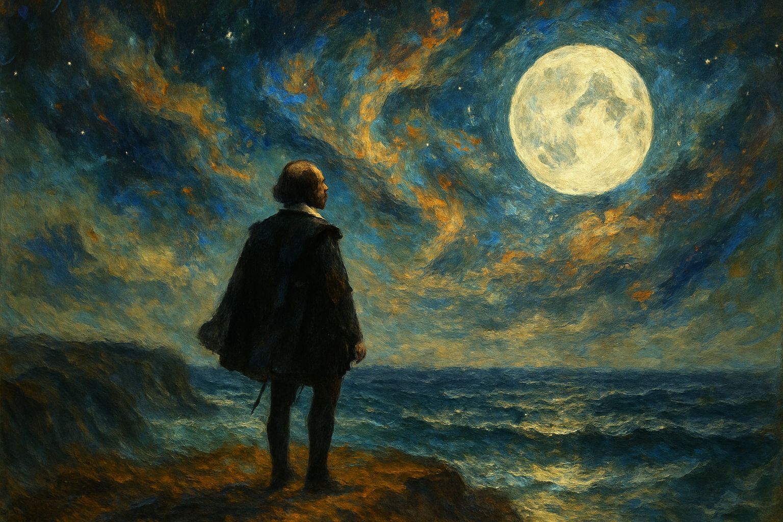 Shakespeare on Windswept Cliff Under Cosmic Sky