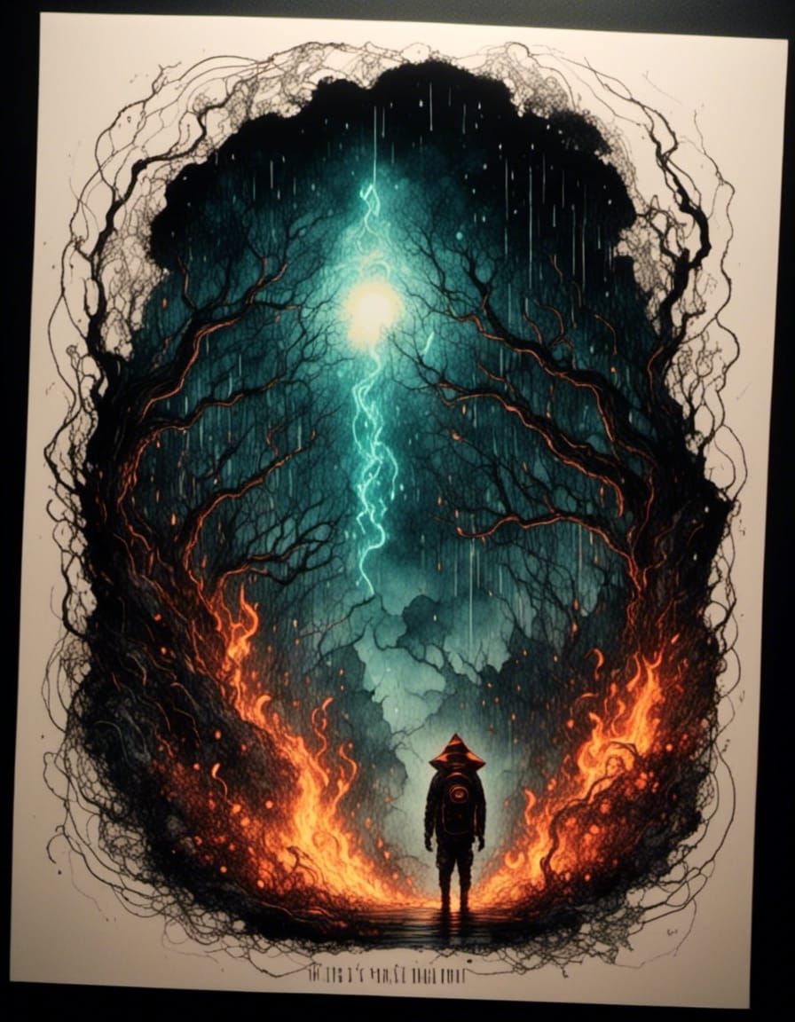 Surreal Sci-Fi Devil in Apotheosis with Glowing Ink Outlines