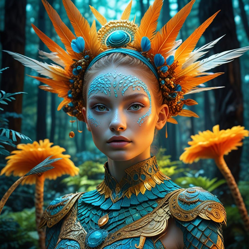 Cosmic Human-Pheasant Hybrid in Astral Forest