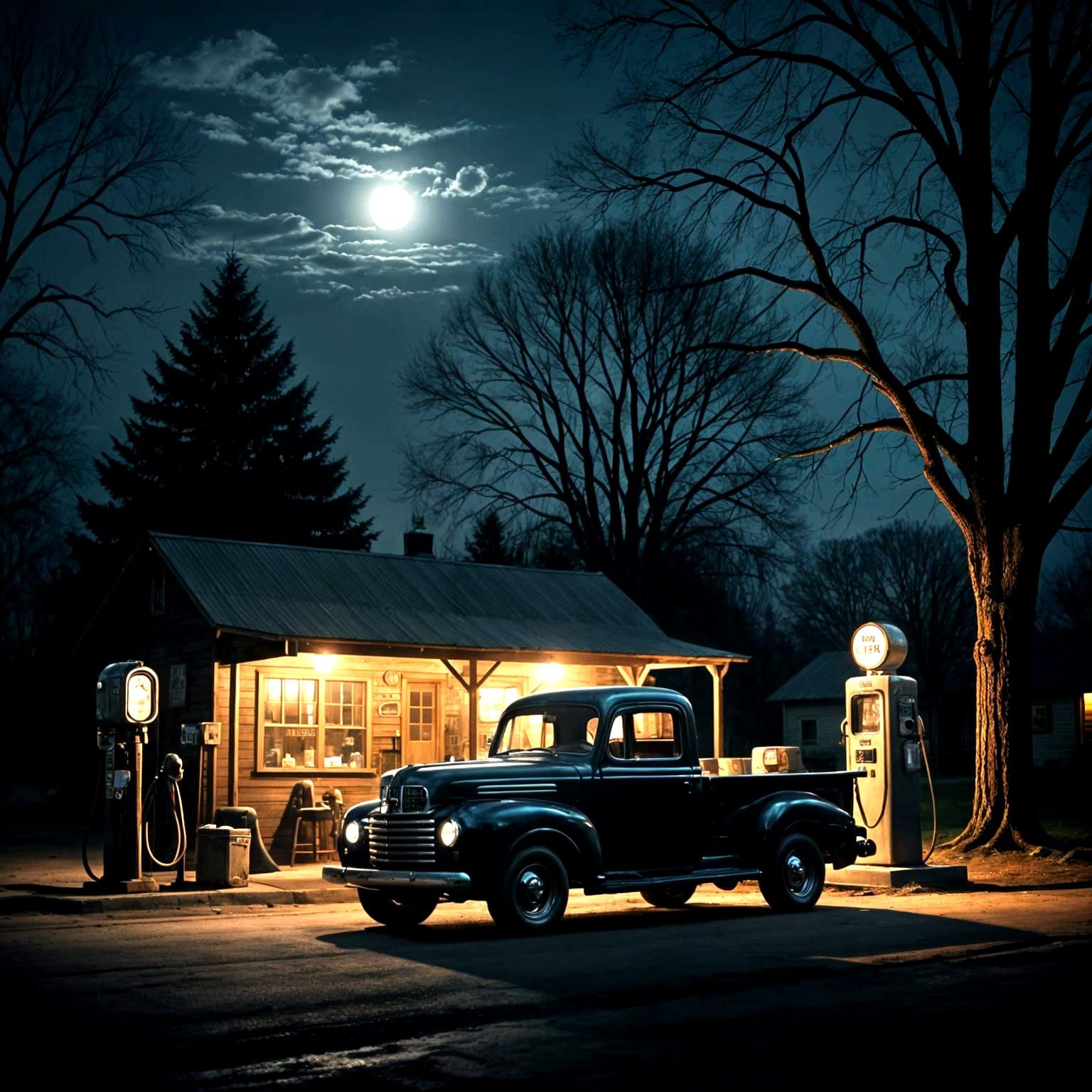 Retro Gas Station Under Full Moon