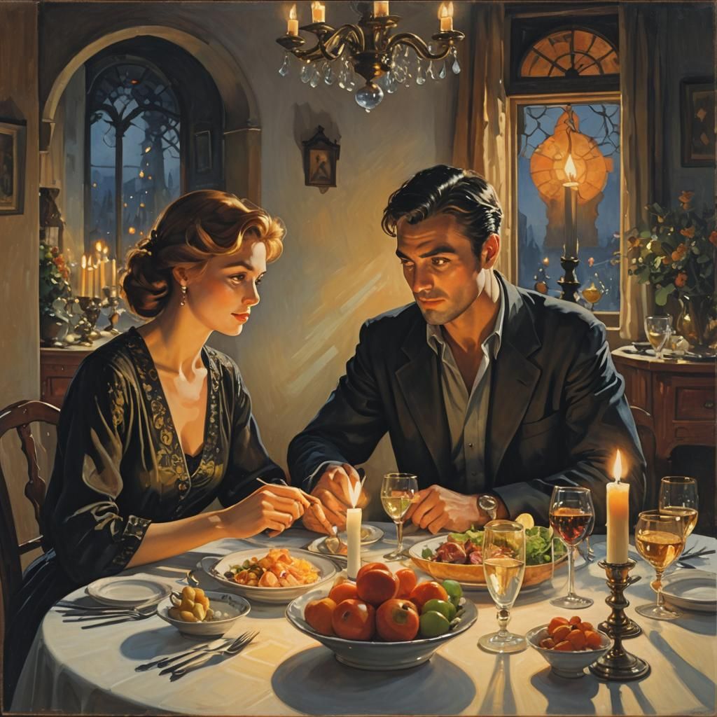 Couple in Intimate Candlelit Moment, in a Romantic Realist S...