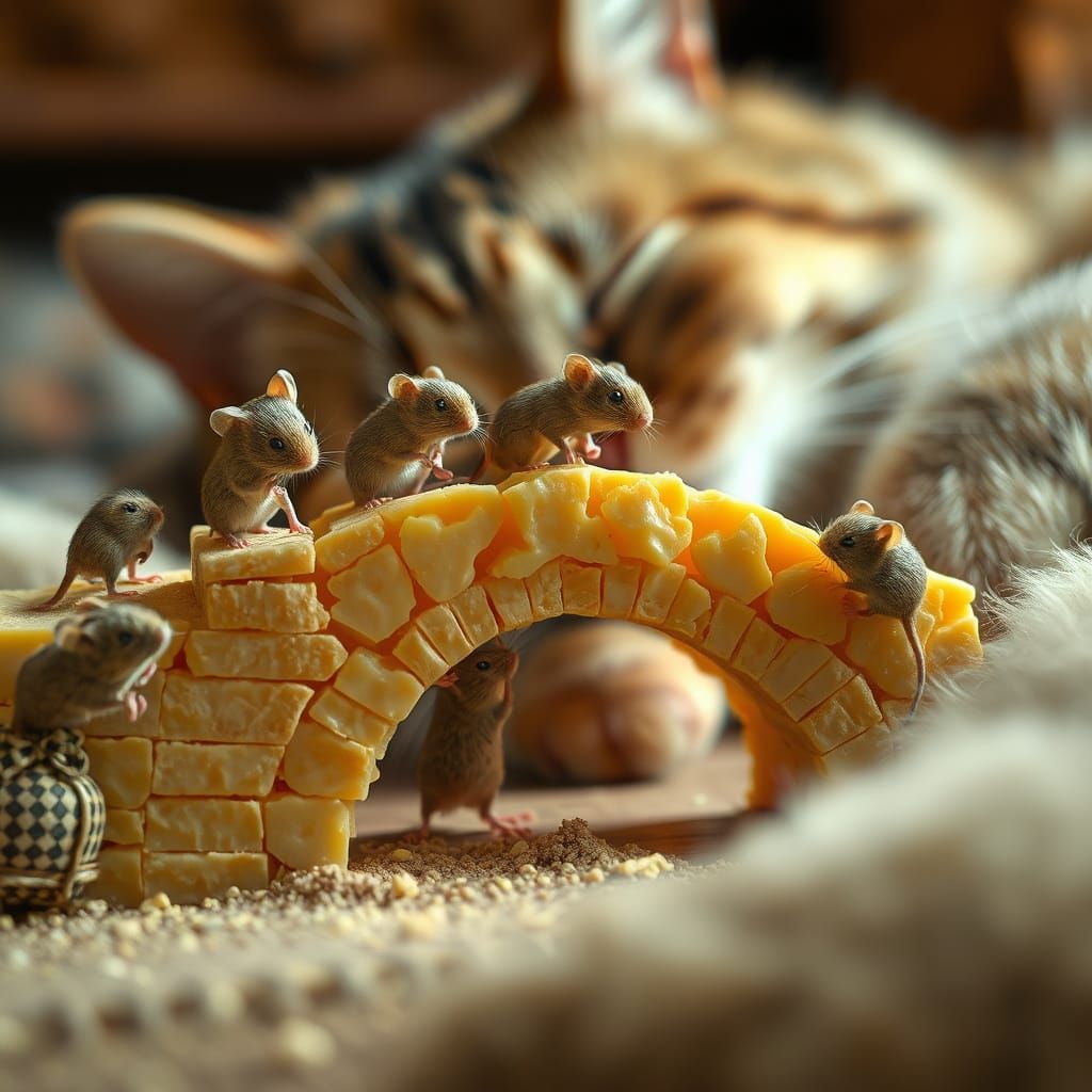 Mice Build Whimsical Cheese Bridge Amidst a Slumbering Cat