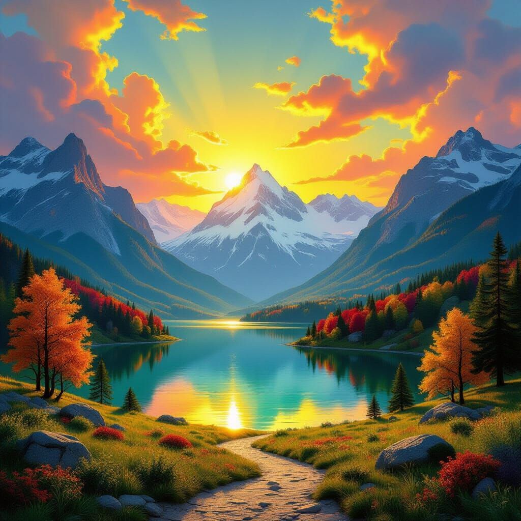Magical Mountain Landscape with Vibrant Sky and Lake