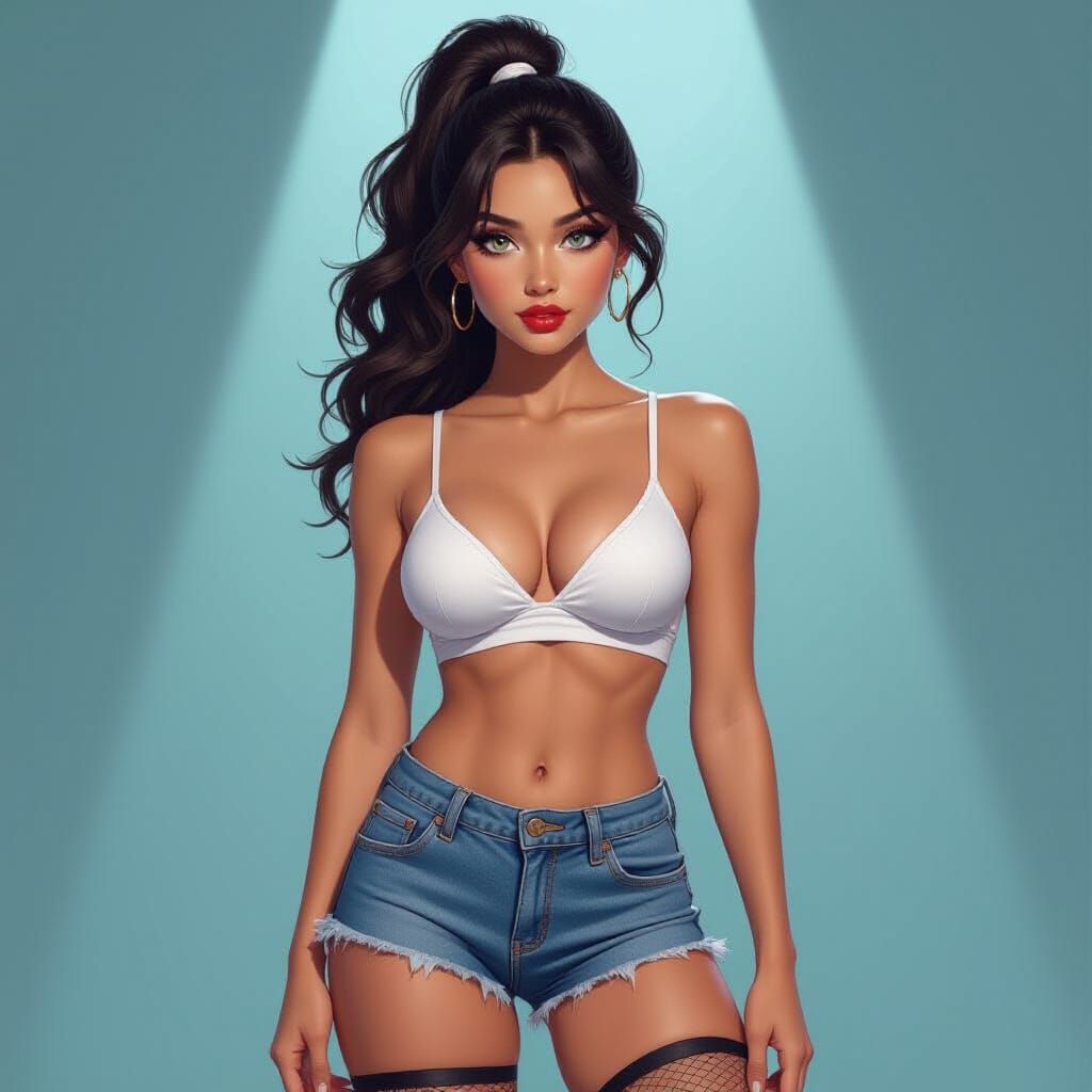 Athletic Woman in Denim Skirt and Fishnets