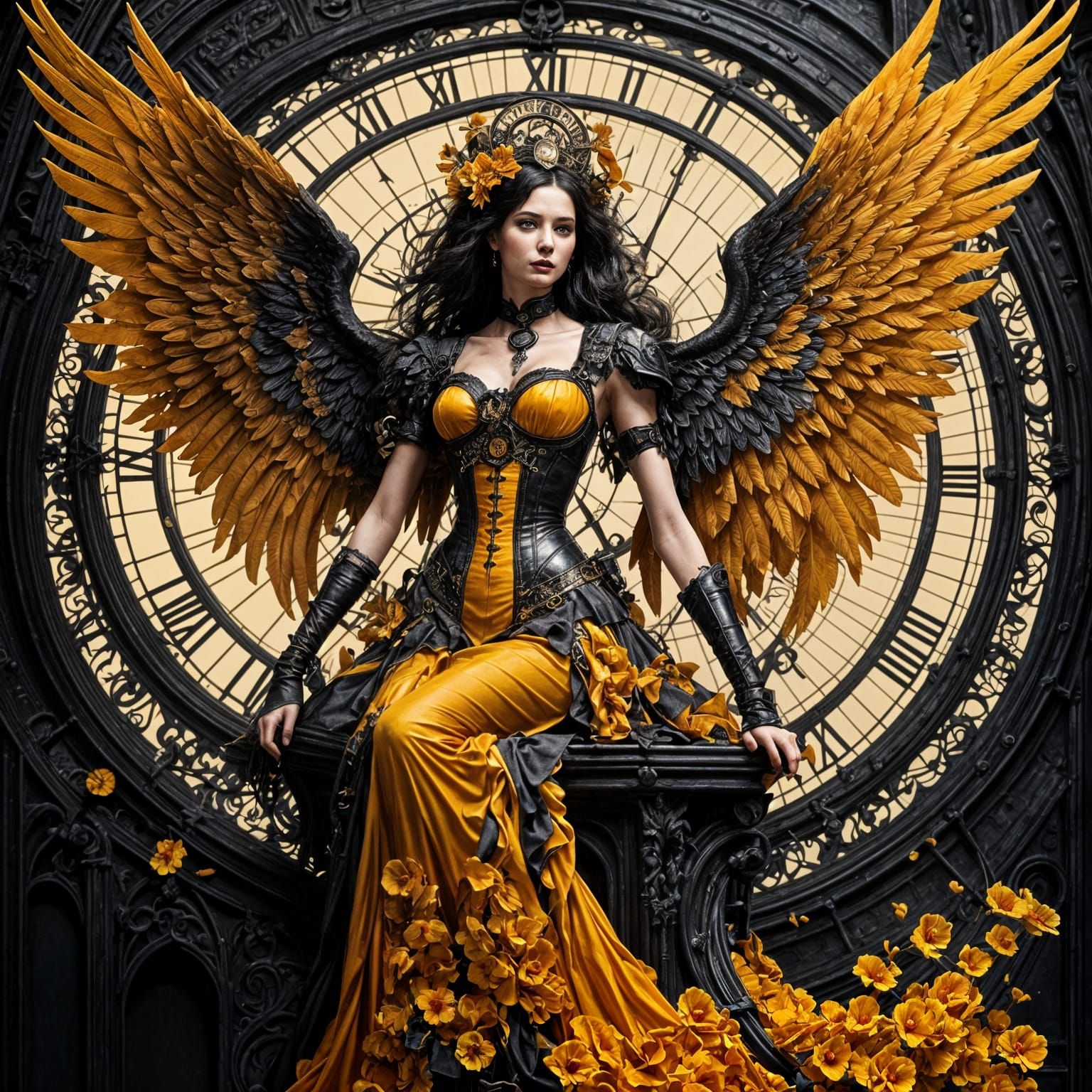 Steampunk Angel on Clocktower in Dark Aesthetic