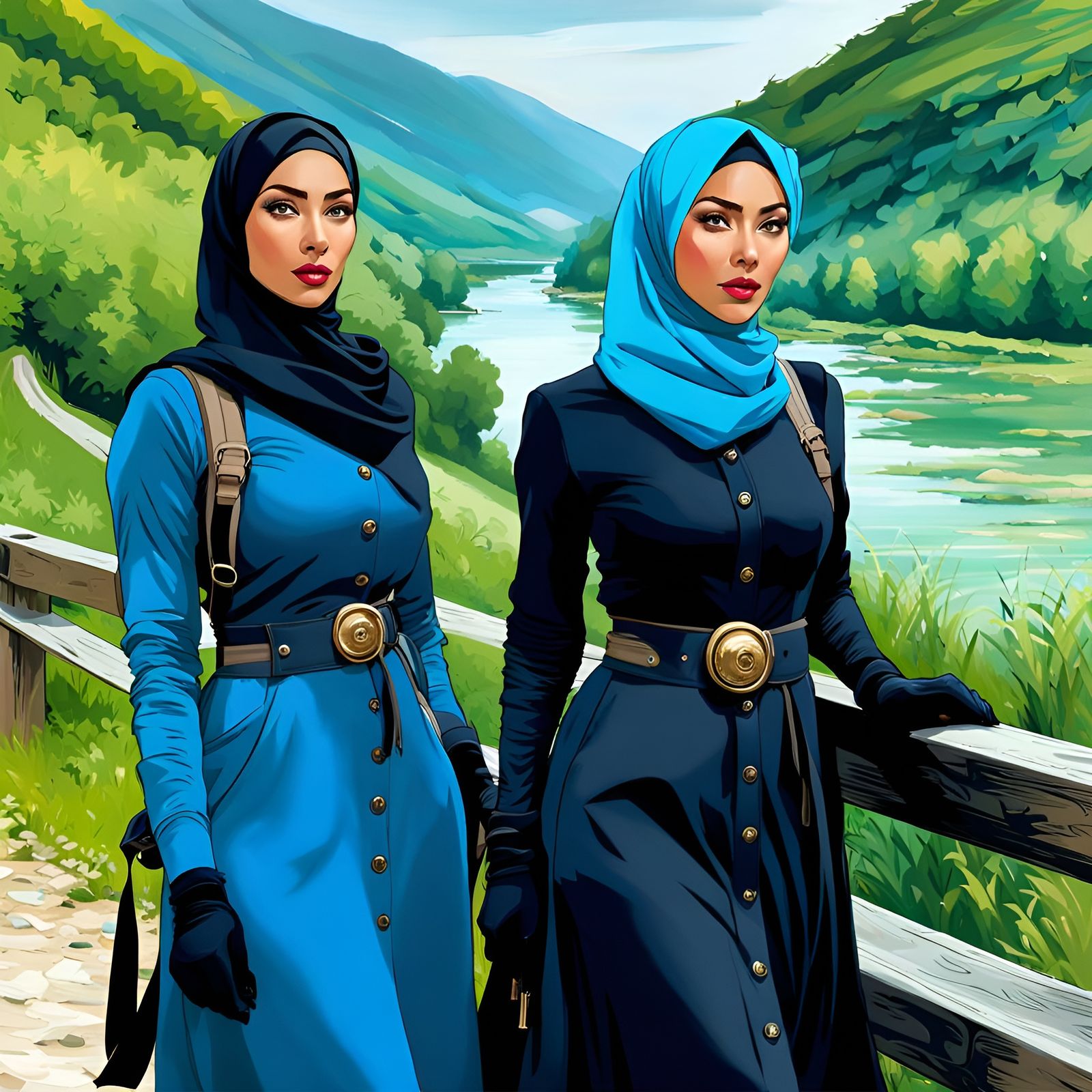 Hiking Women with Backpacks in Landscape, Digital Art