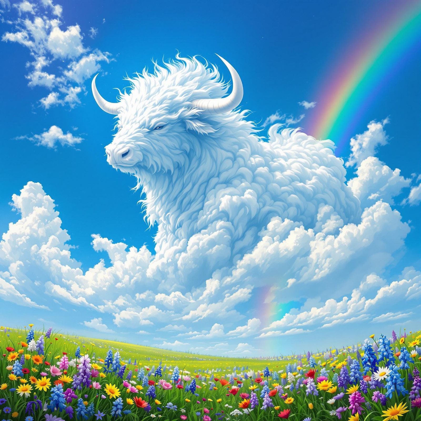 Whimsical Bull Clouds Meet Vibrant Meadow in Dreamlike Rainb...