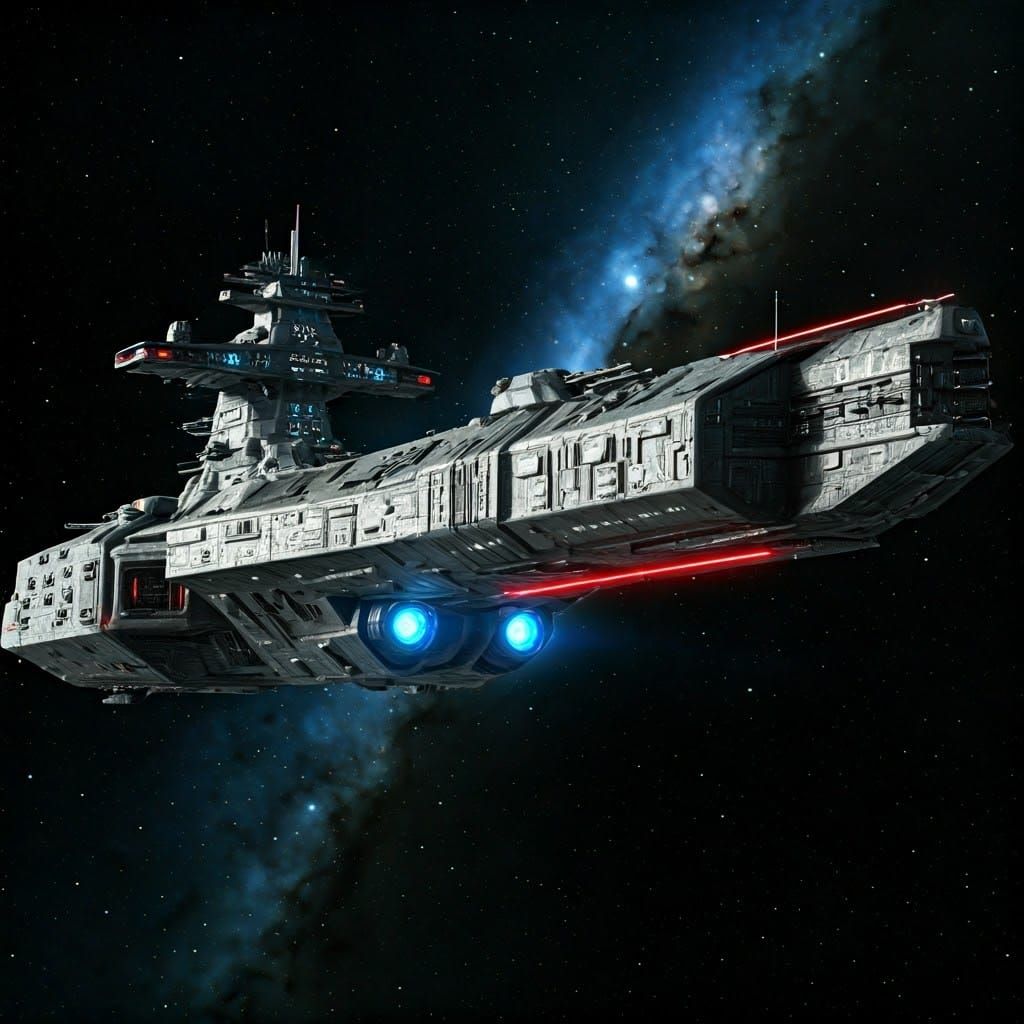 Massive Silver Space Warship Dominates Darkened Background