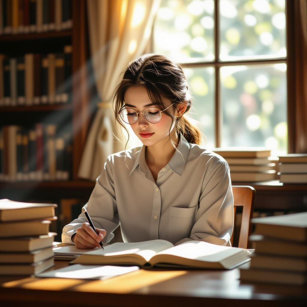 Shy College Woman Studying in Library with Vermeer-Inspired ...