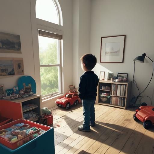 Whimsical Boy Searches for Lost Toy Car in Messy Morning Roo...