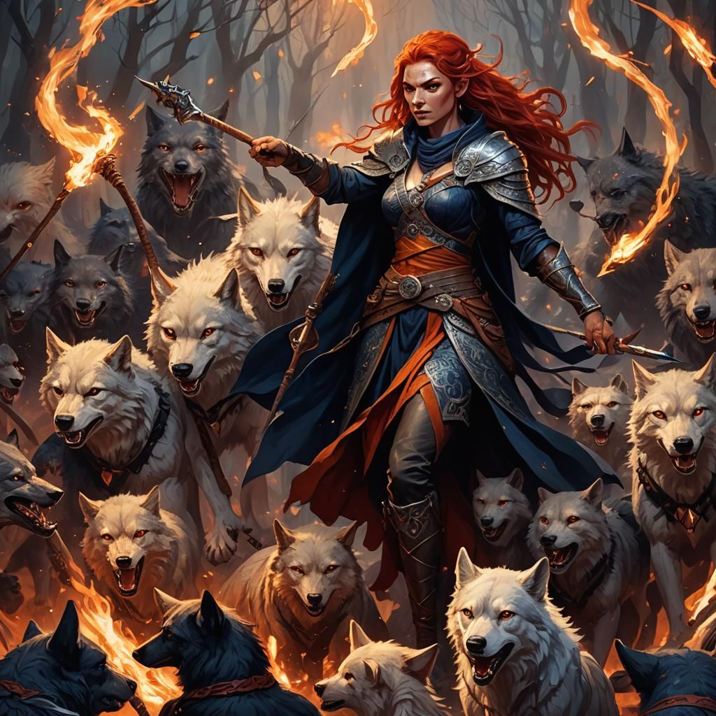 Fantasy Half-Orc Wizard Surrounded by Wolves in a Deep, Myst...