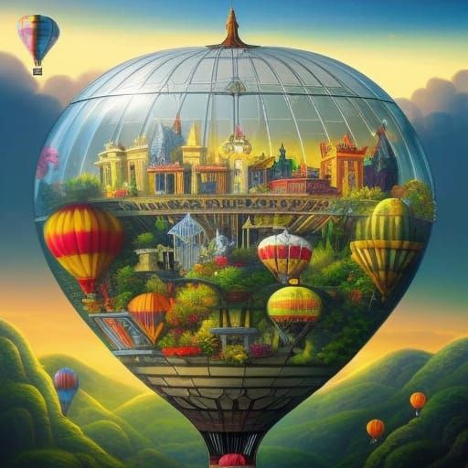 Whimsical Fantasy Metropolis in Crystal Hot Air Balloon