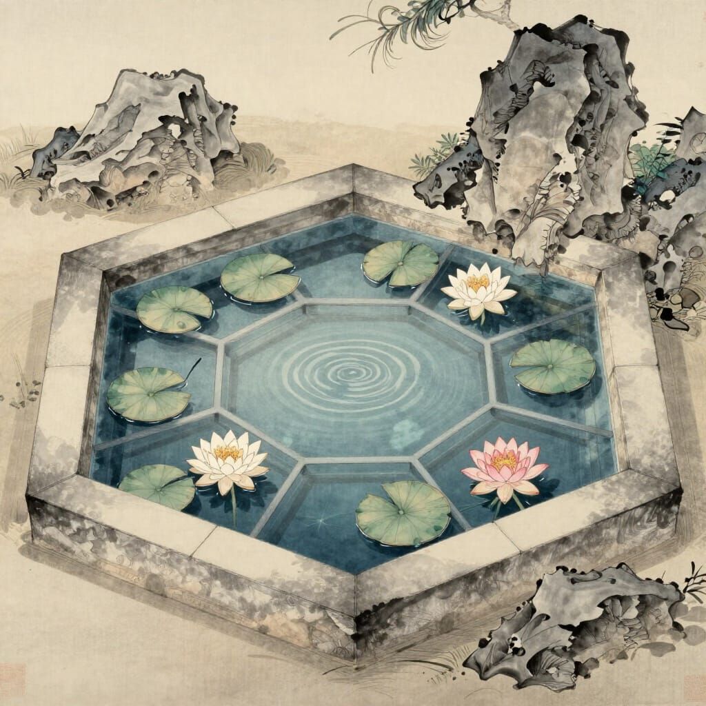 Japanese Rock Garden with Hexagonal Pond and Water Lilies