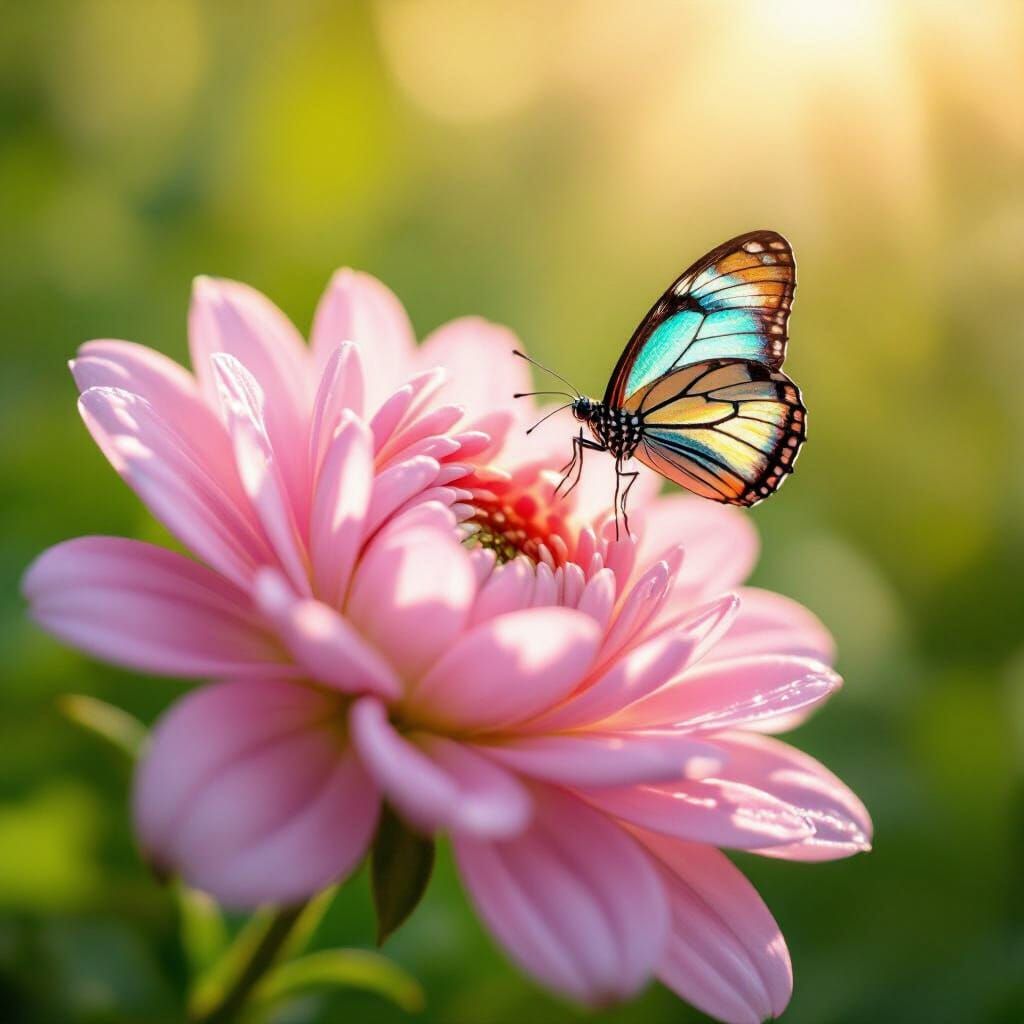Macro Photo of Pink Flower with Iridescent Butterfly