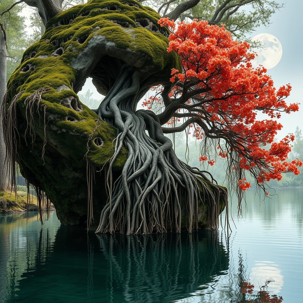 Dual Season Bonsai Tree Reflecting in Moonlight Pool