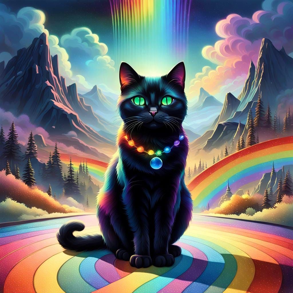 Whimsical Black Cat Admires Rainbow Road