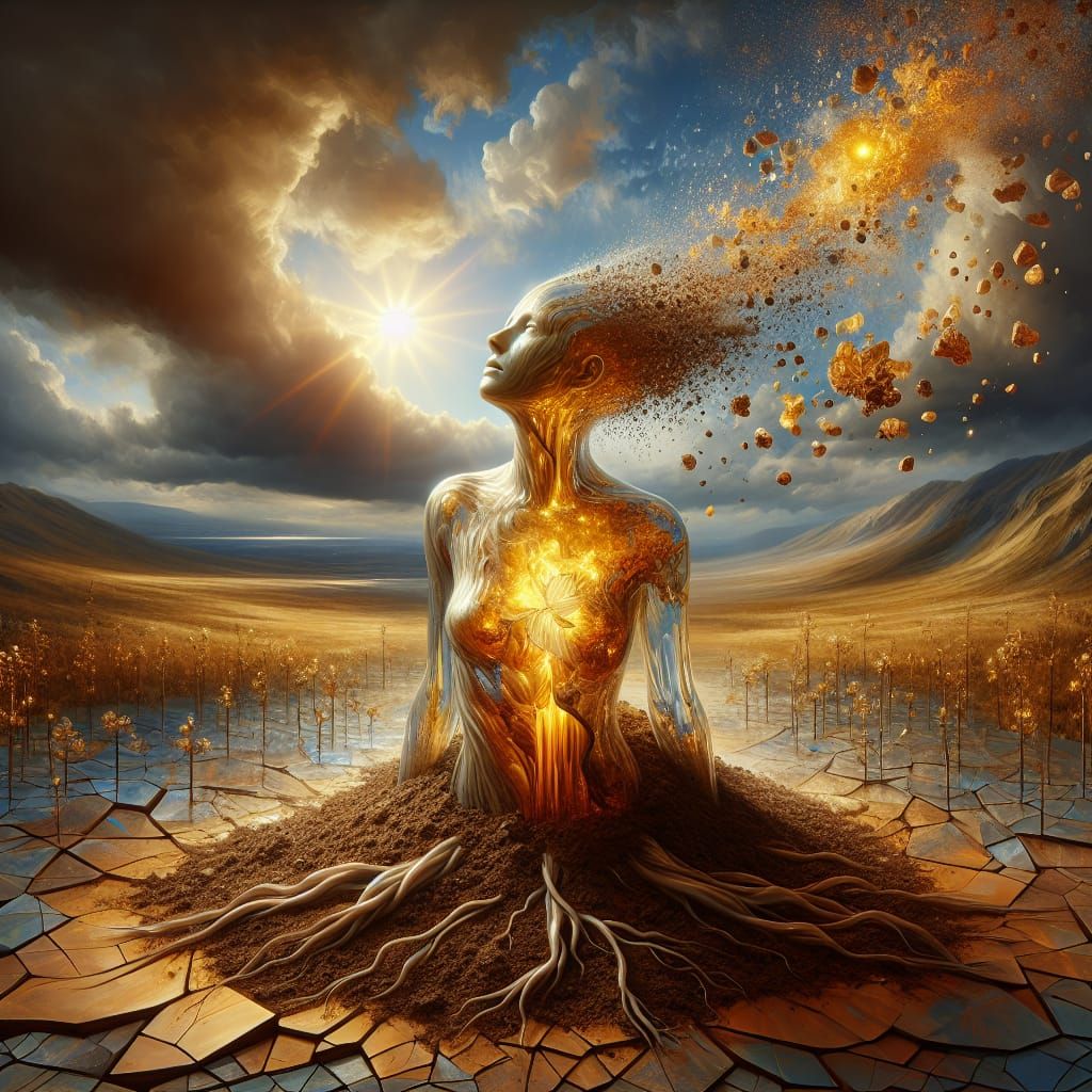 Glass Woman Emerges From Shattered Earth in Surreal Landscap...