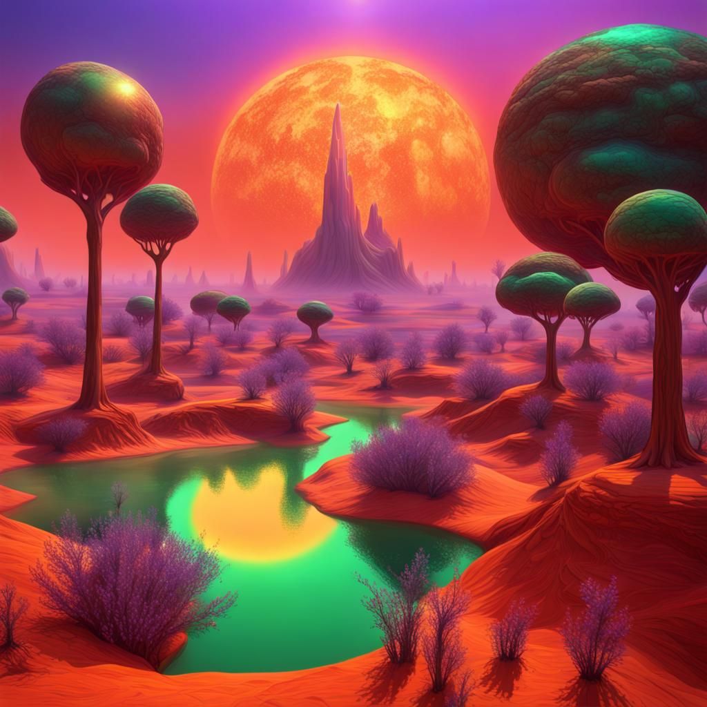 Surreal Cosmic Oasis Amidst Lavender Dunes