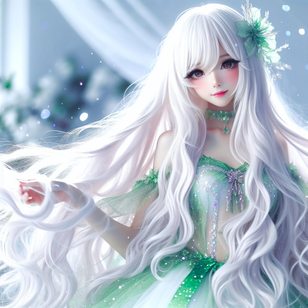 Mystical Anime Girl with Enchanting White Hair and Green Mag...