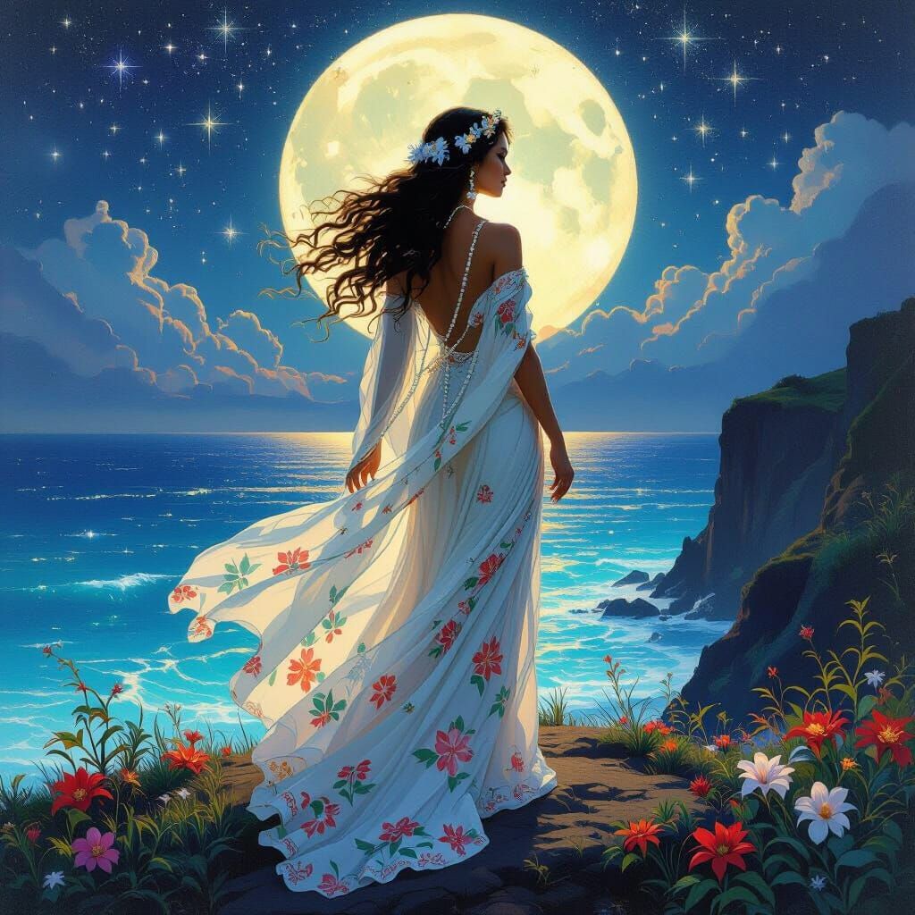 Hawaiian Goddess Overlooking Bioluminescent Ocean in Art Nou...