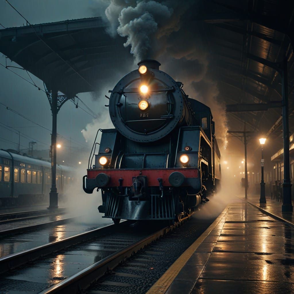 Train station on a stormy night with a train billowing smoke...