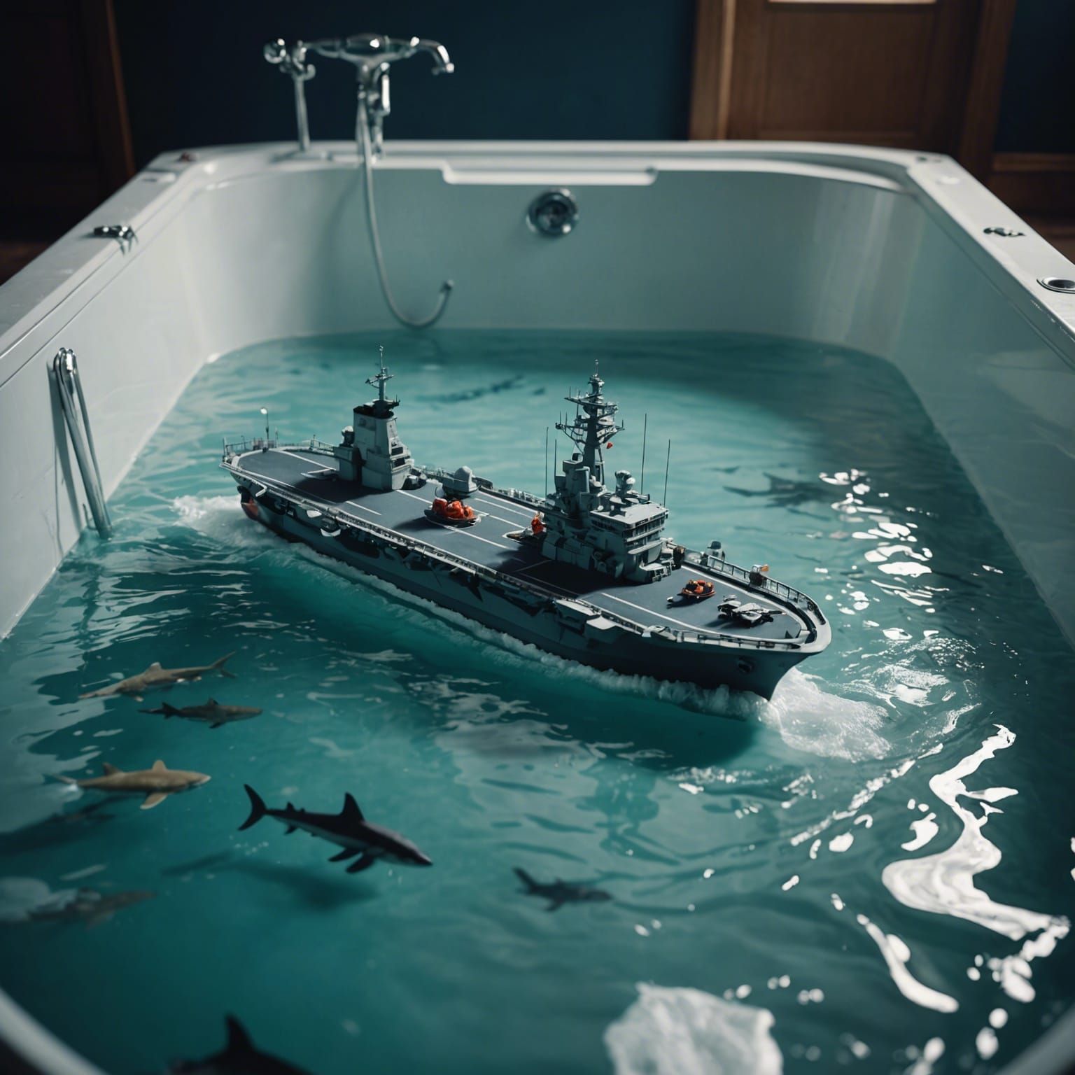 A plastic aircraft carrier model under water on the floor of a bathtub, foam around, water flowing, shark arriving, sail...