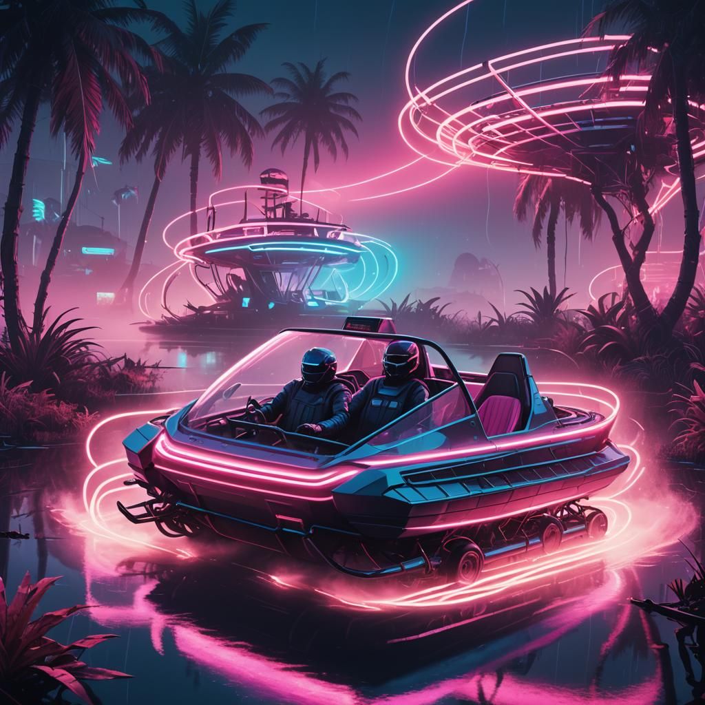 Neon Speedster Blazes Through Retrofuture Swampland