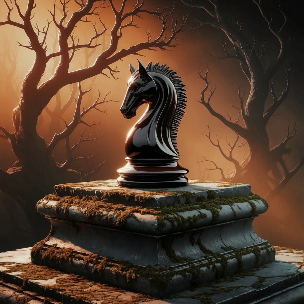 Obsidian Knight Chess Piece in Ancient Forest