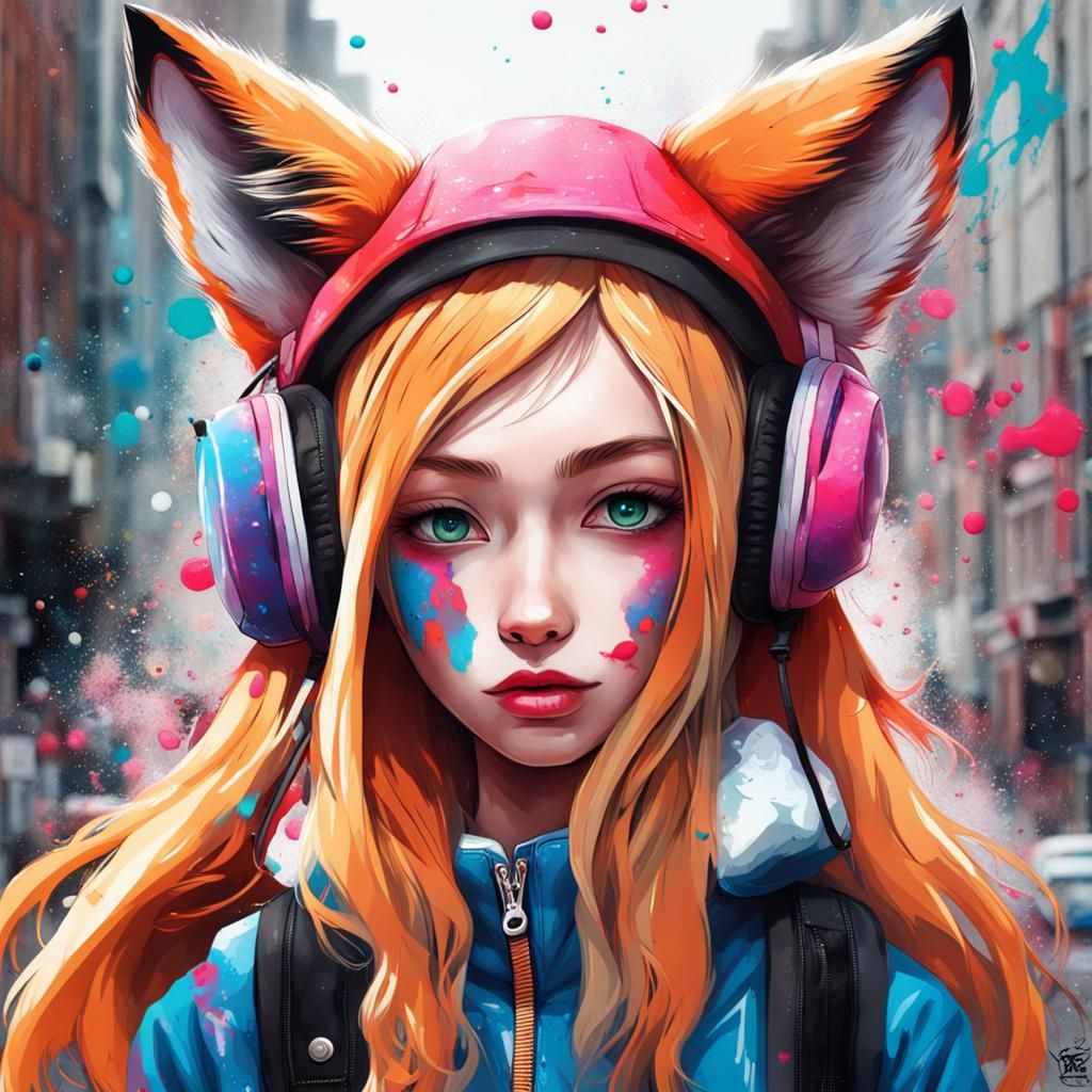 Fox-Eared Girl in Polychromatic Graffiti Art