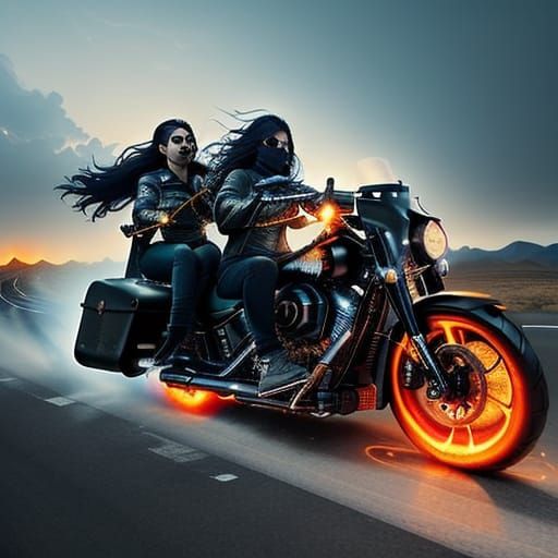 Female Bikers Ride into the Sunset
