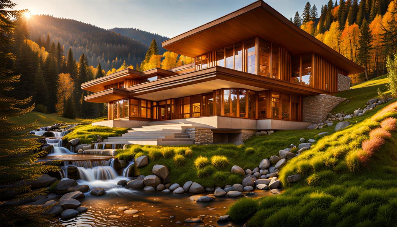 Mountain Estate in Art Nouveau Style with Golden Hour Ambian...