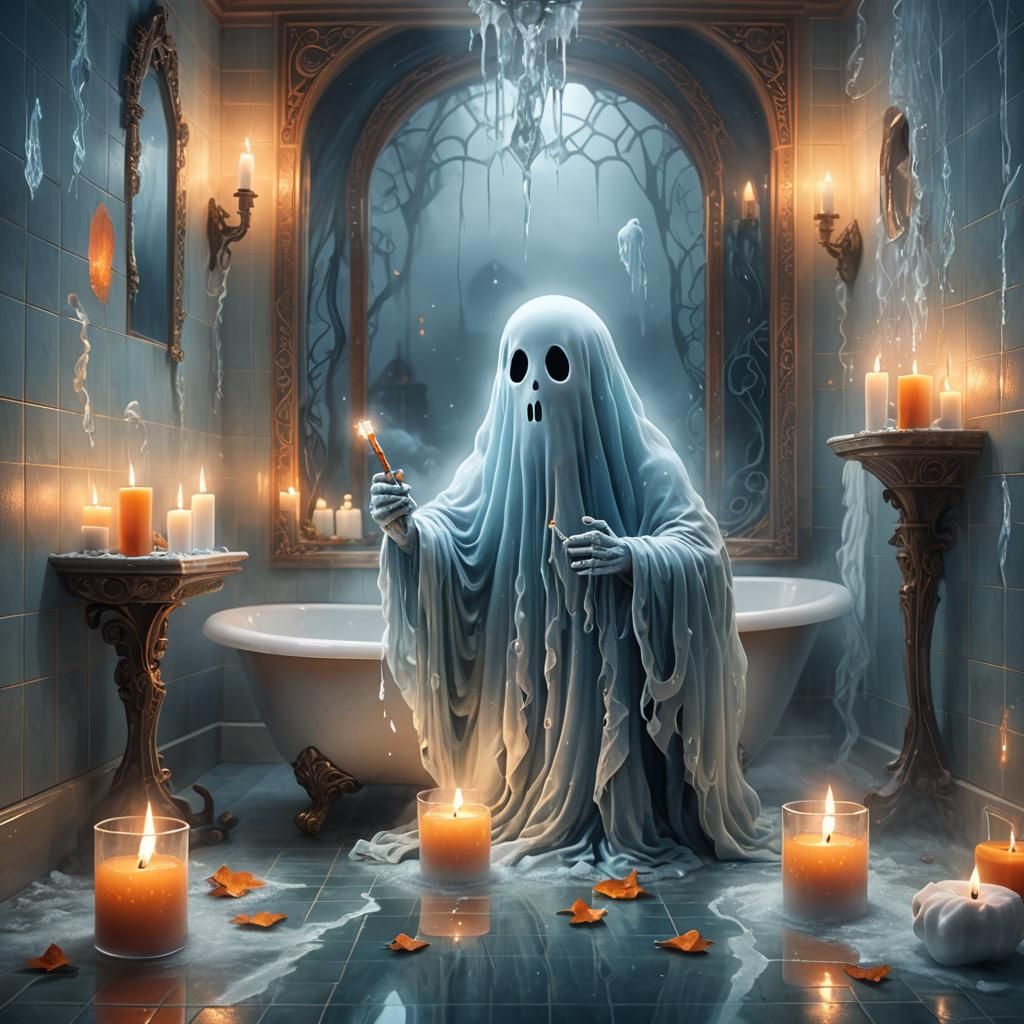 Cute Ghost Brushes Teeth in Mystical Bathroom