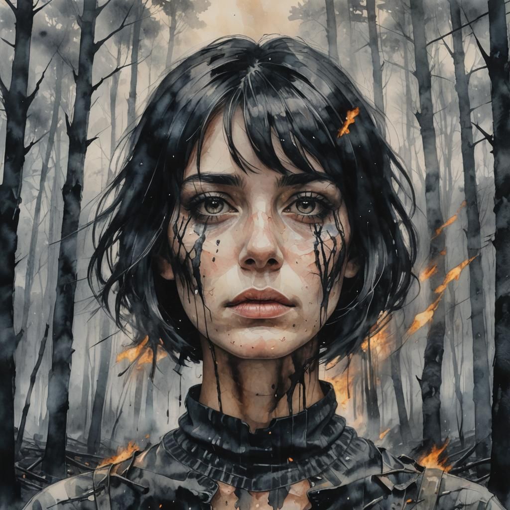 Mysterious Woman in a Charred Forest, Moody Watercolor Portr...