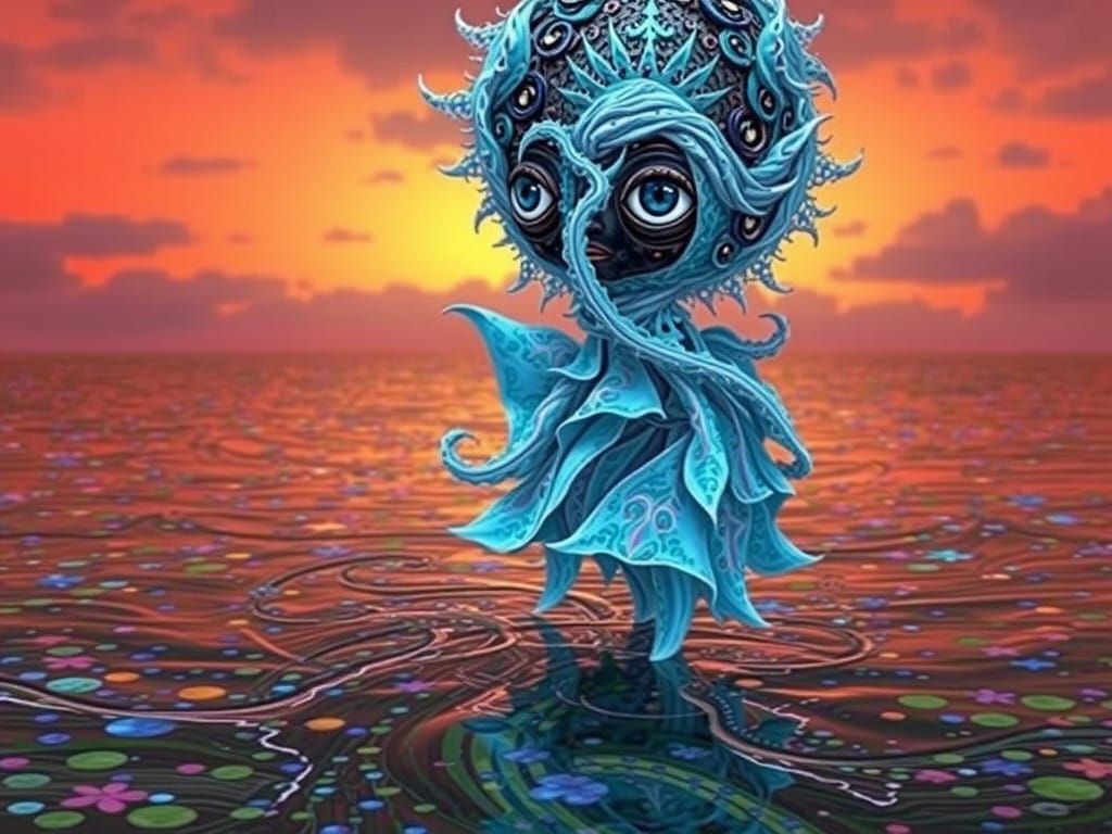 eyes darkly soft clothing 3D origami fractal chromoshadow lush garden river visible on a wall Is a timebomb ticking? imp...