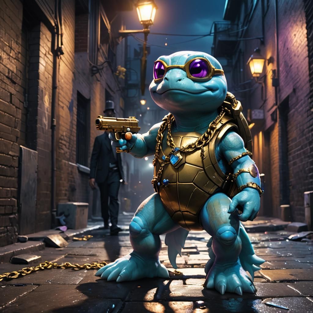 Cyberpunk Squirtle: Golden Gangster in Shadows