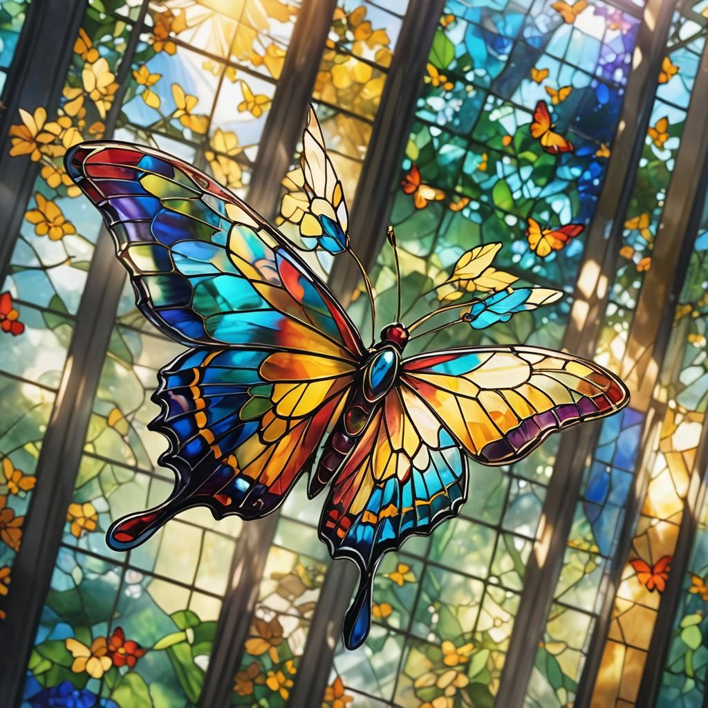 Vibrant Stained Glass Butterfly in Radiant Sunlight
