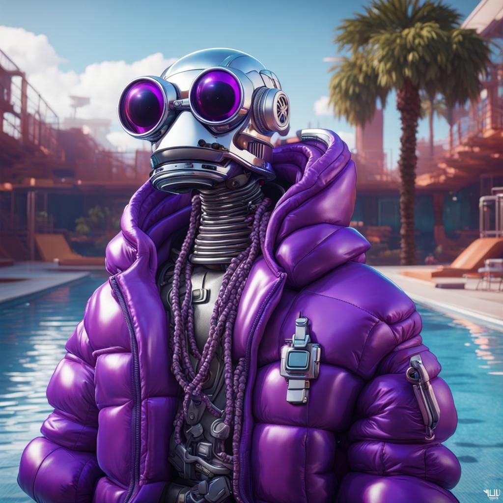Chrome Robot Rapper in Vibrant Poolside Fantasy
