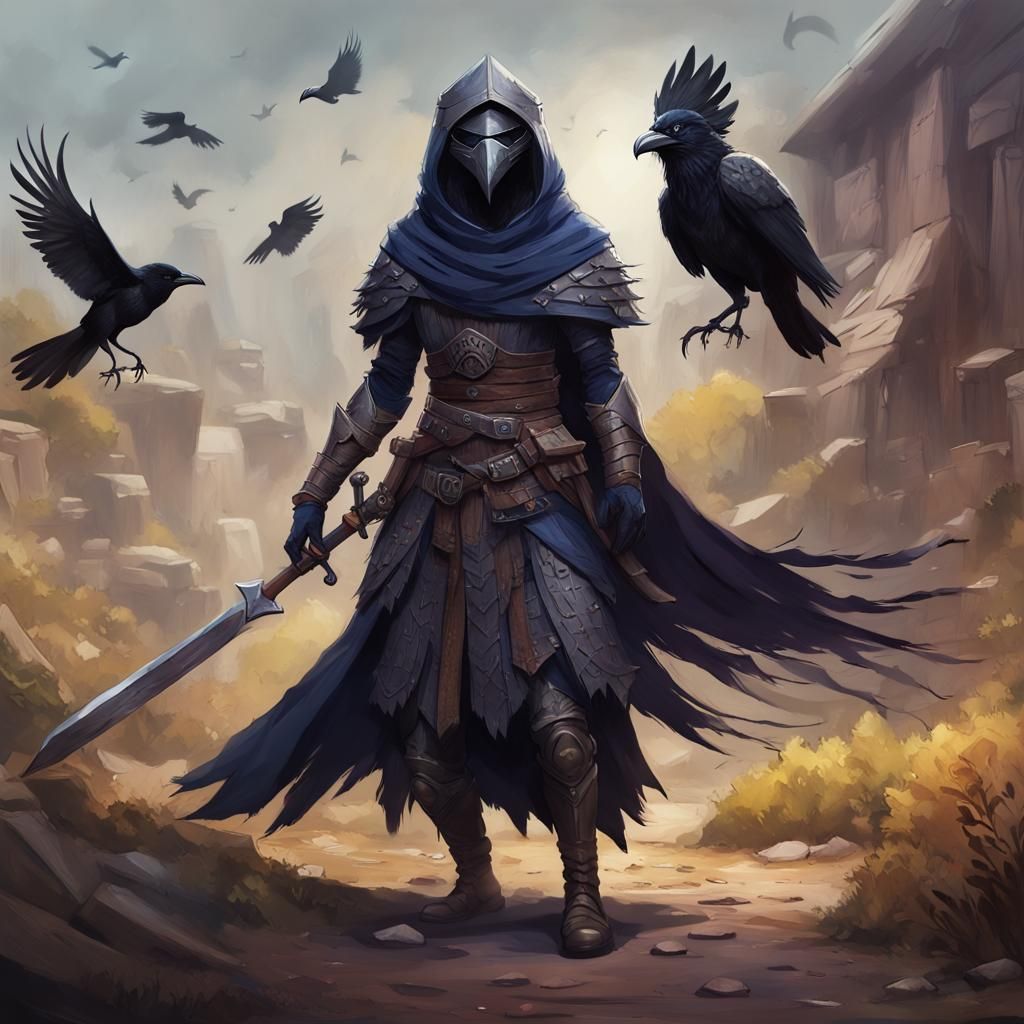 Fantastical Kenku Crow Woman Battles Suit of Armor in Detail
