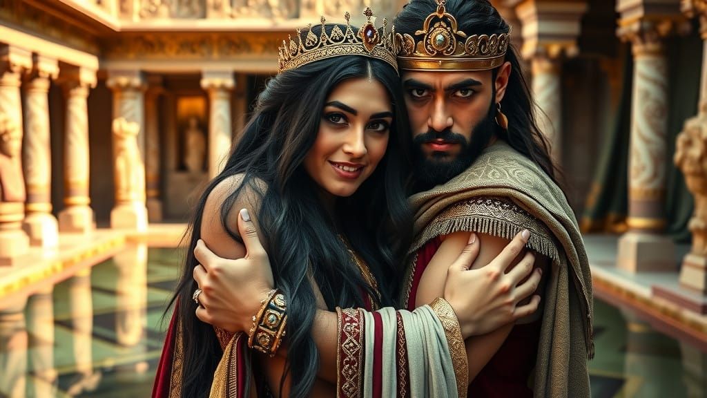 Regal Portrait of Queen Esther and King Xerxes in Ancient Pe...