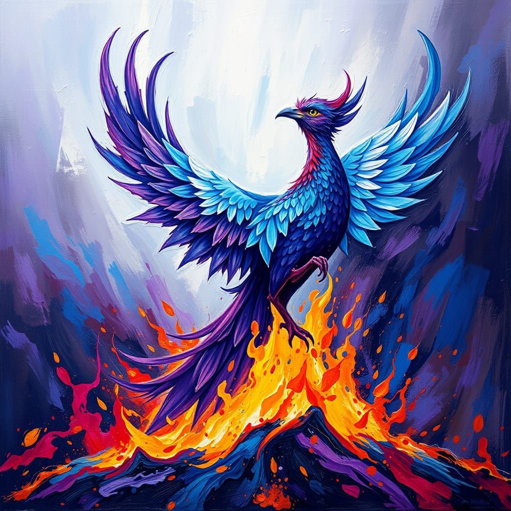 Violet and Blue Phoenix Rises from Ashes in Neo-Impressionis...