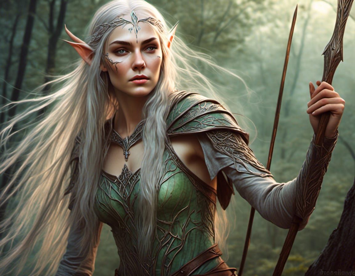Ethereal Elven Warrior with Platinum Hair and Spear