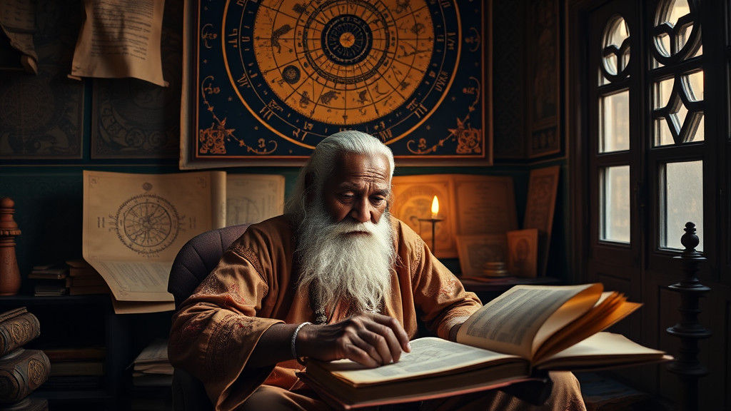 Elderly Indian Astrologer in Contemplative Study, Surrounded...
