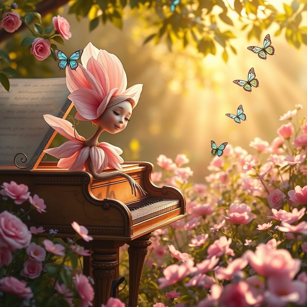 " humanoid flower, with petals of various shades of pink, is...