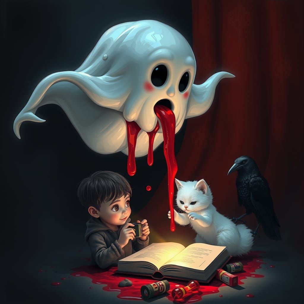 Dark Fantasy Ghost Haunts Innocent Scene in Impasto Style