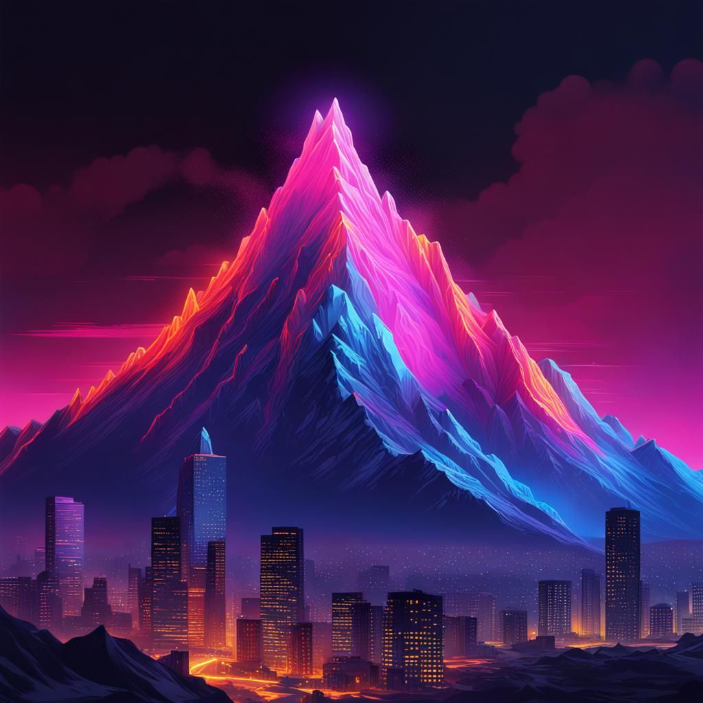 Cyberpunk Mountain Cityscape in Neon Darkness