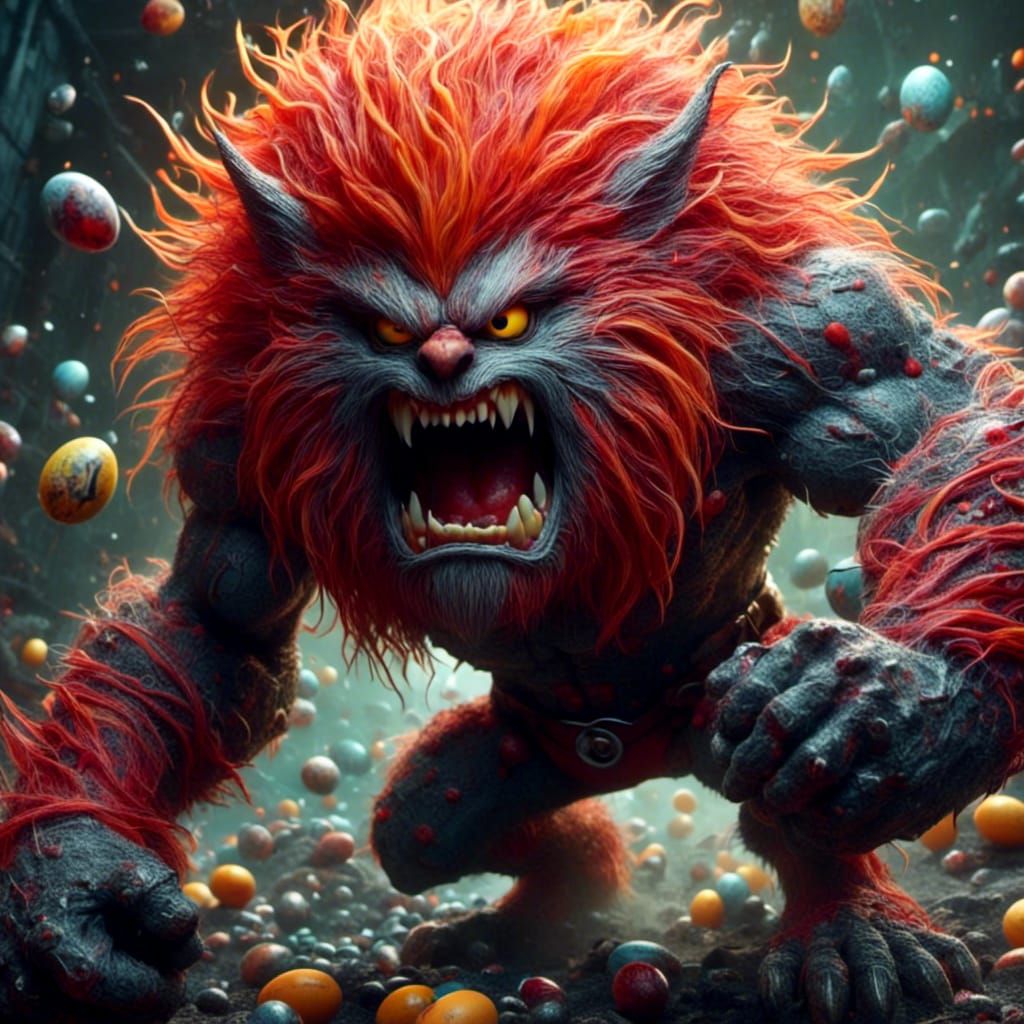 Angry Egg Werewolf Surrounded by Candy in Fierce Fury