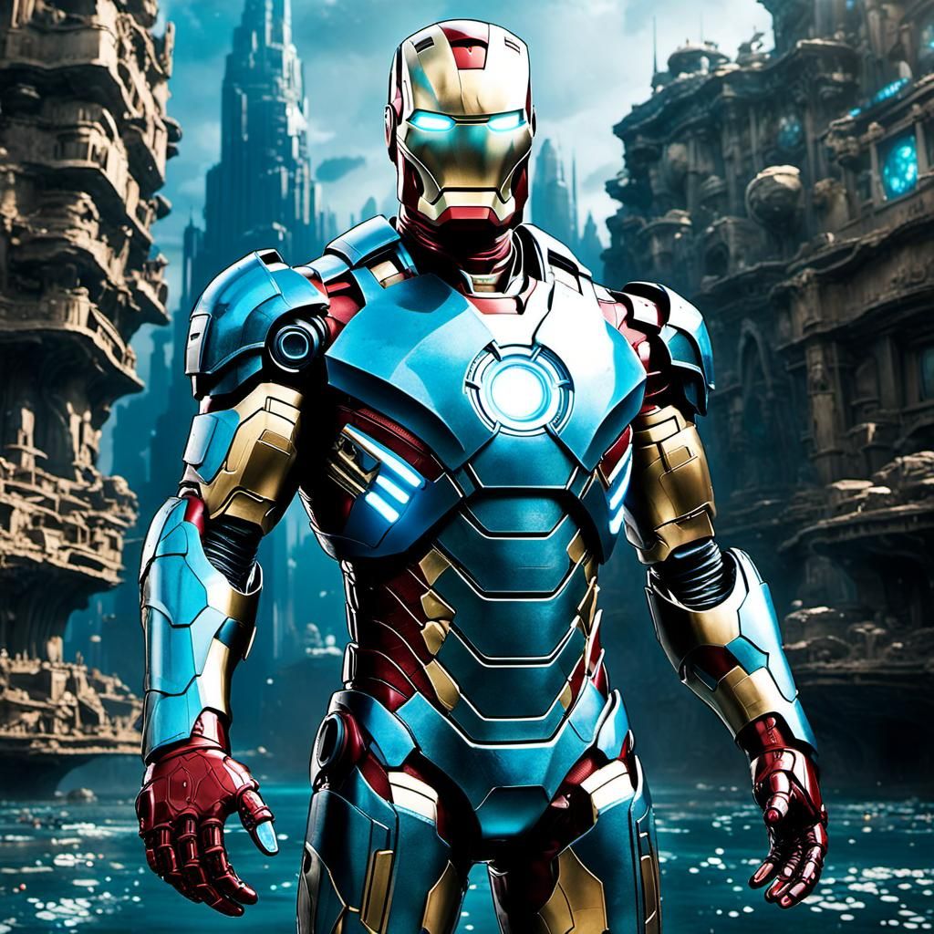 Sleek Futuristic Iron Man Suit in an Atlantean City