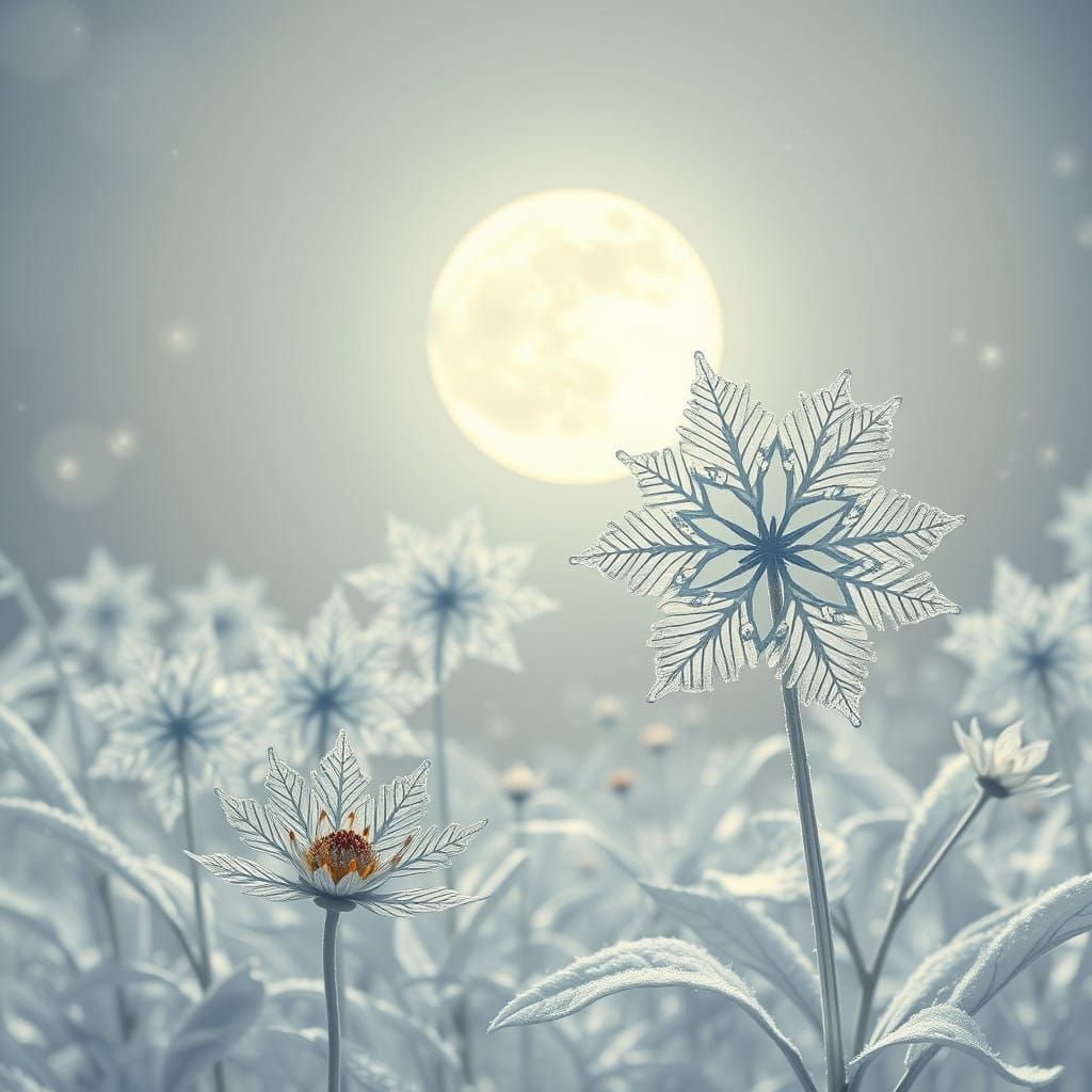 Surreal Blooming Snowflakes Dance Under Moonlit Garden