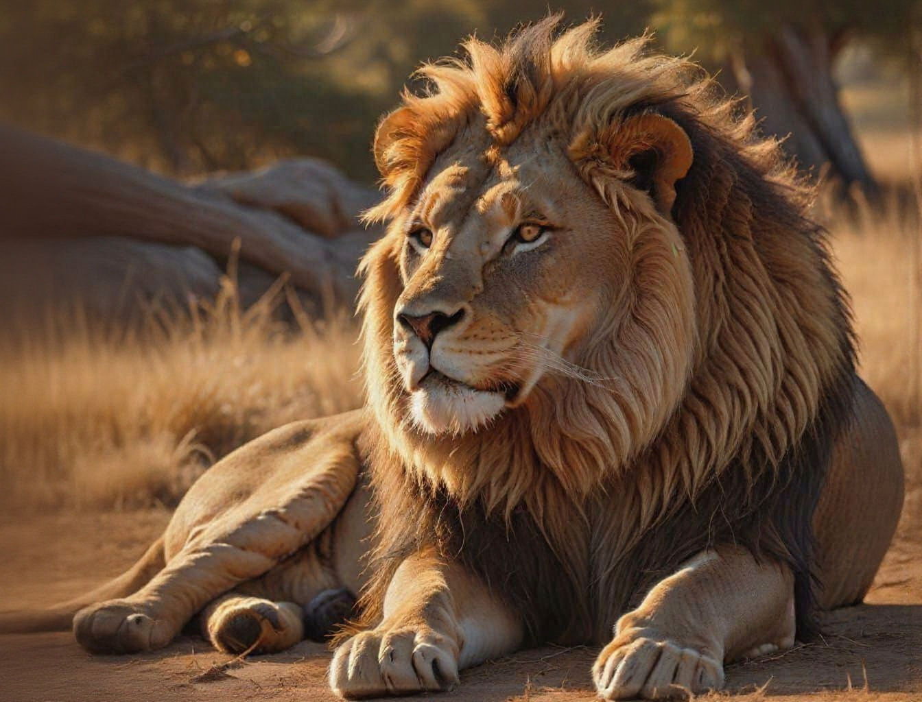 Majestic Lion Resting on African Savanna at Golden Hour