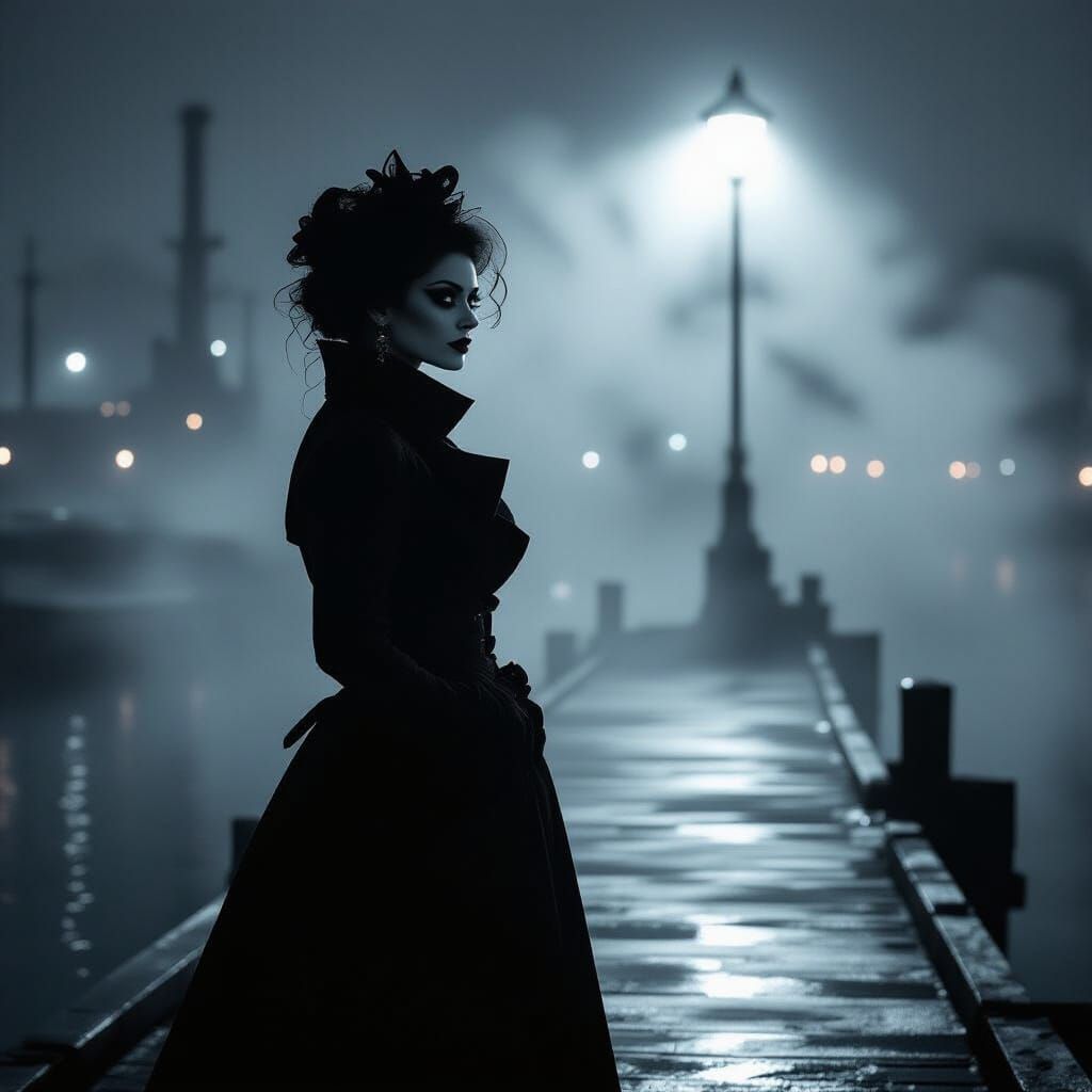 Gothic Woman on Foggy Dock in Film Noir Style